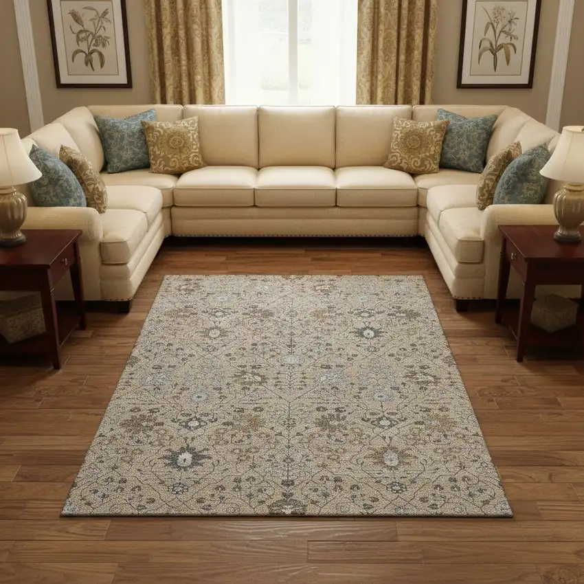 Taupe Gray And Brown Oriental Washable Area Rug With UV Protection Photo 2
