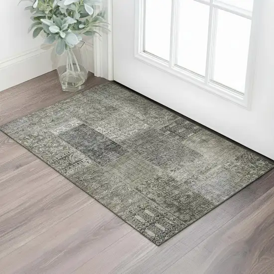 Taupe Gray And Brown Patchwork Washable Area Rug With UV Protection Photo 1