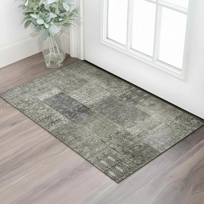 Taupe Gray And Brown Patchwork Washable Area Rug With UV Protection Photo 1