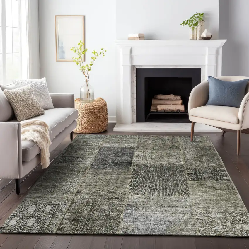 Taupe Gray And Brown Patchwork Washable Area Rug With UV Protection Photo 4