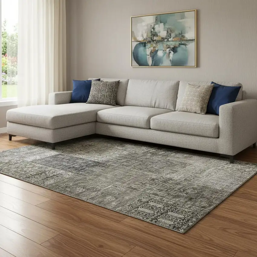 Taupe Gray And Brown Patchwork Washable Area Rug With UV Protection Photo 1