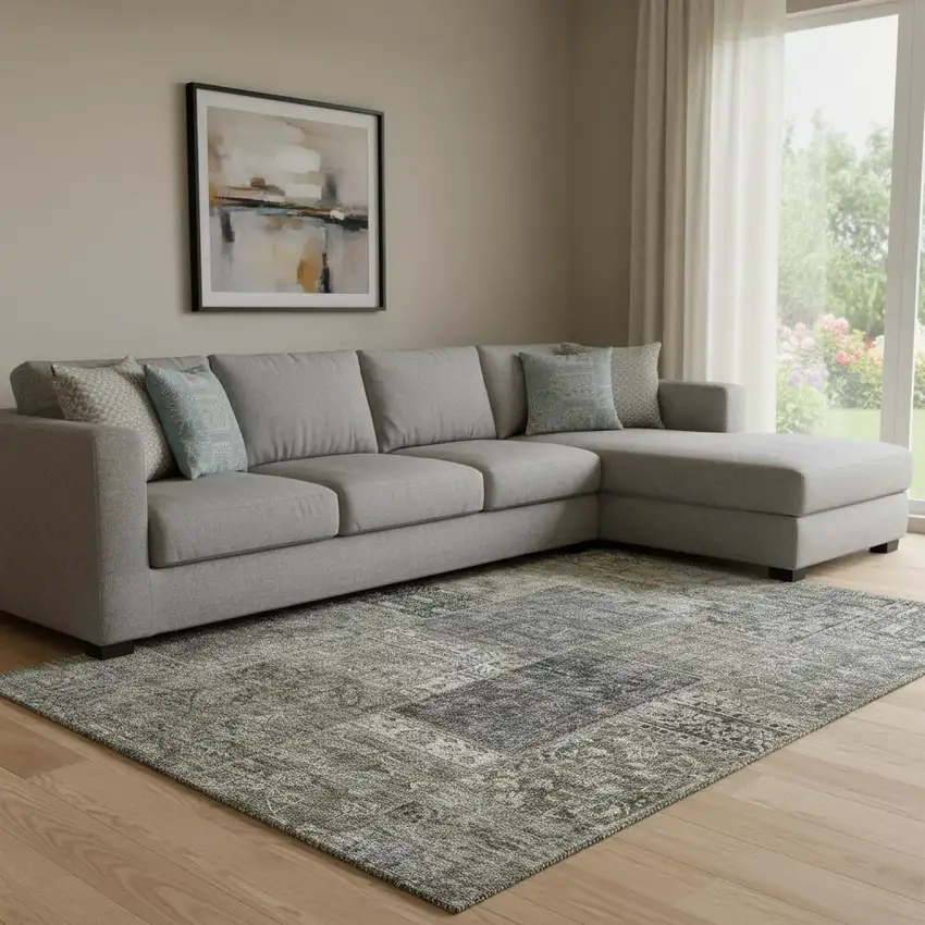 Taupe Gray And Brown Patchwork Washable Area Rug With UV Protection Photo 1