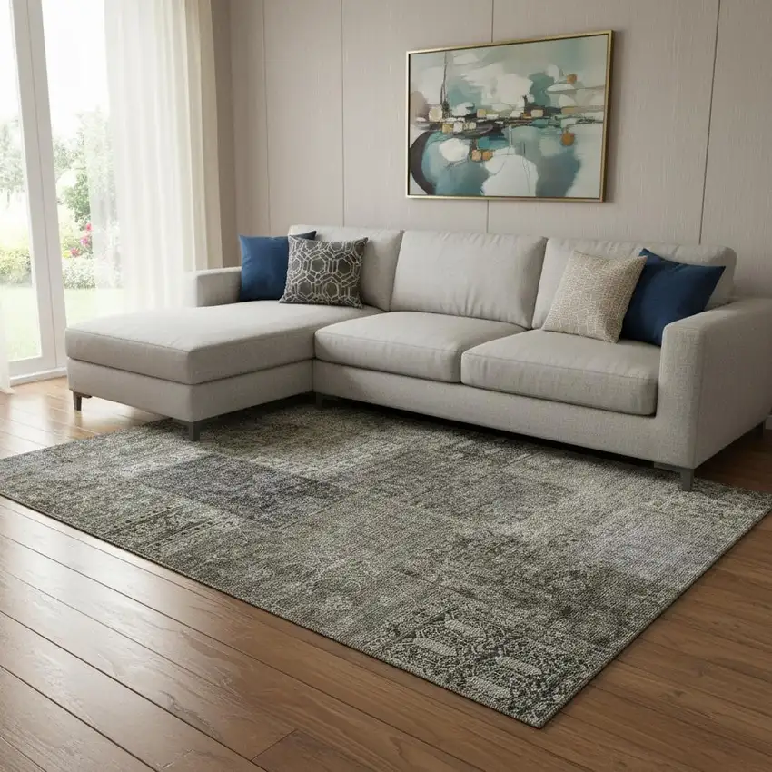 Taupe Gray And Brown Patchwork Washable Area Rug With UV Protection Photo 1