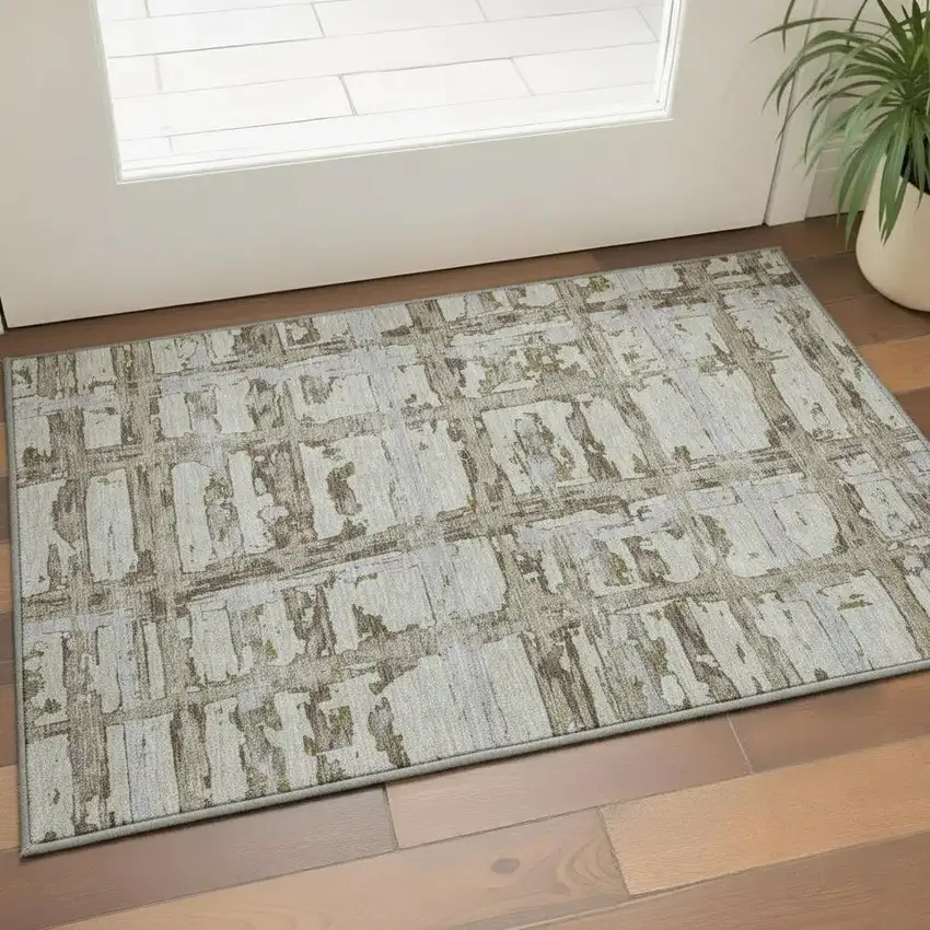 Taupe Gray And Brown Striped Washable Area Rug With UV Protection Photo 2