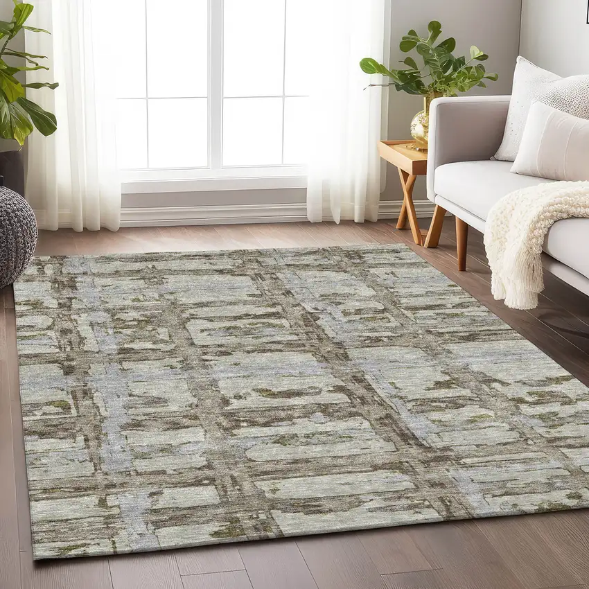 Taupe Gray And Brown Striped Washable Area Rug With UV Protection Photo 5