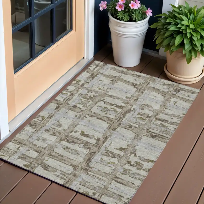 Taupe Gray And Brown Striped Washable Indoor Outdoor Area Rug Photo 1