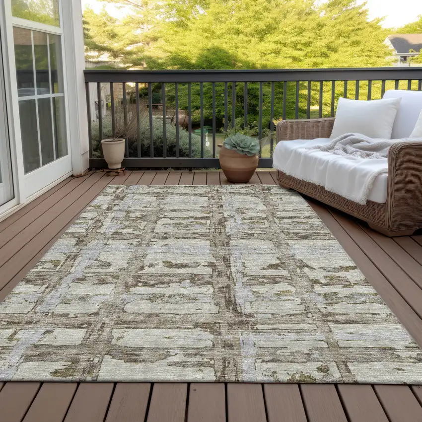 Taupe Gray And Brown Striped Washable Indoor Outdoor Area Rug Photo 7