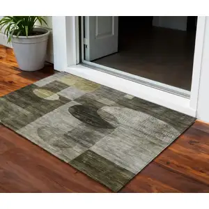 Photo of Taupe Gray And Charcoal Geometric Washable Indoor Outdoor Area Rug