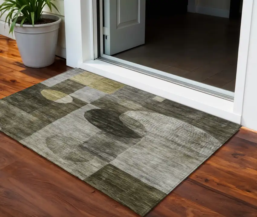 Taupe Gray And Charcoal Geometric Washable Indoor Outdoor Area Rug Photo 1