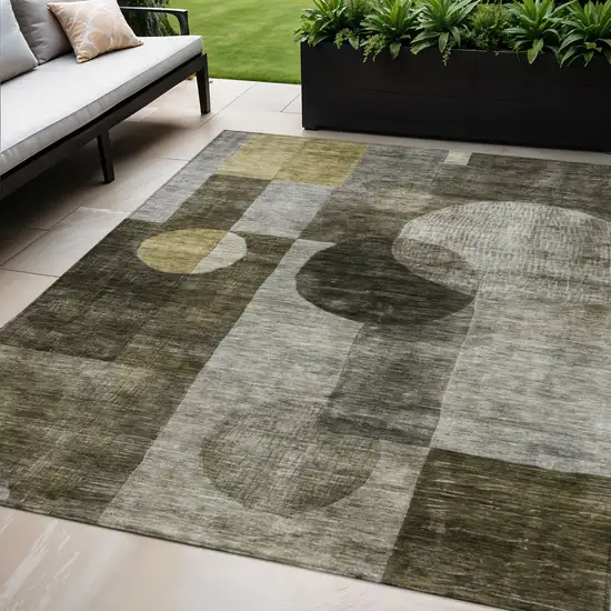 Taupe Gray And Charcoal Geometric Washable Indoor Outdoor Area Rug Photo 1