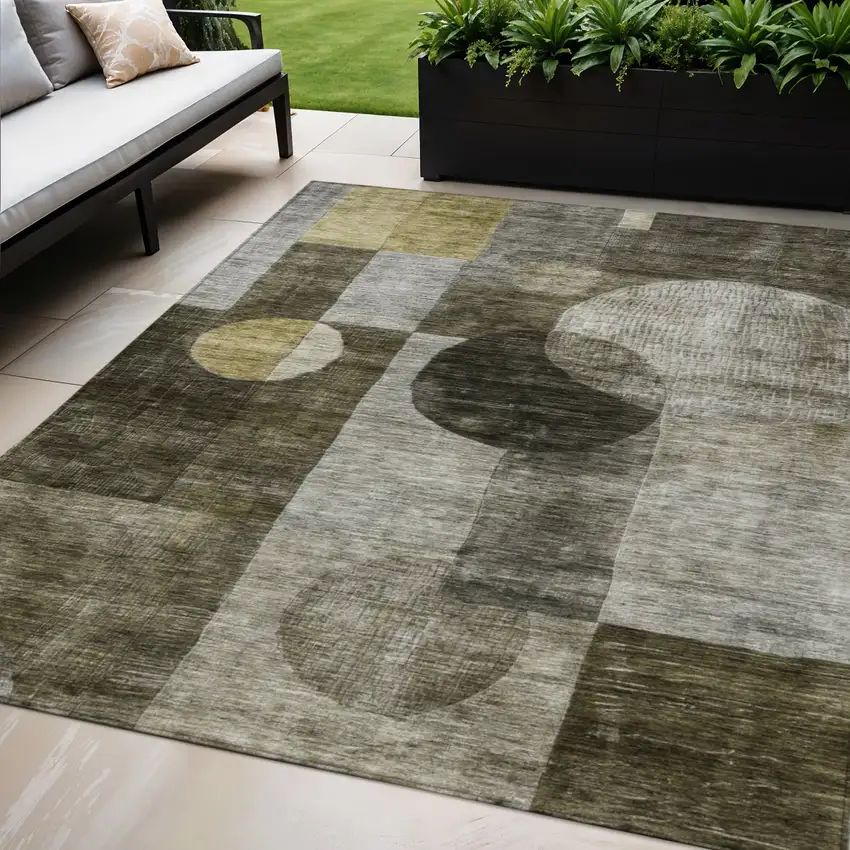 Taupe Gray And Charcoal Geometric Washable Indoor Outdoor Area Rug Photo 1
