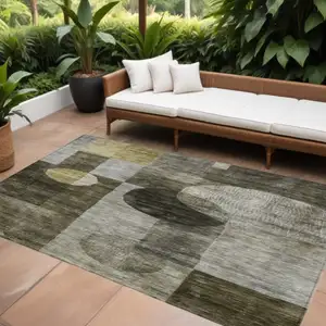 Photo of Taupe Gray And Charcoal Geometric Washable Indoor Outdoor Area Rug