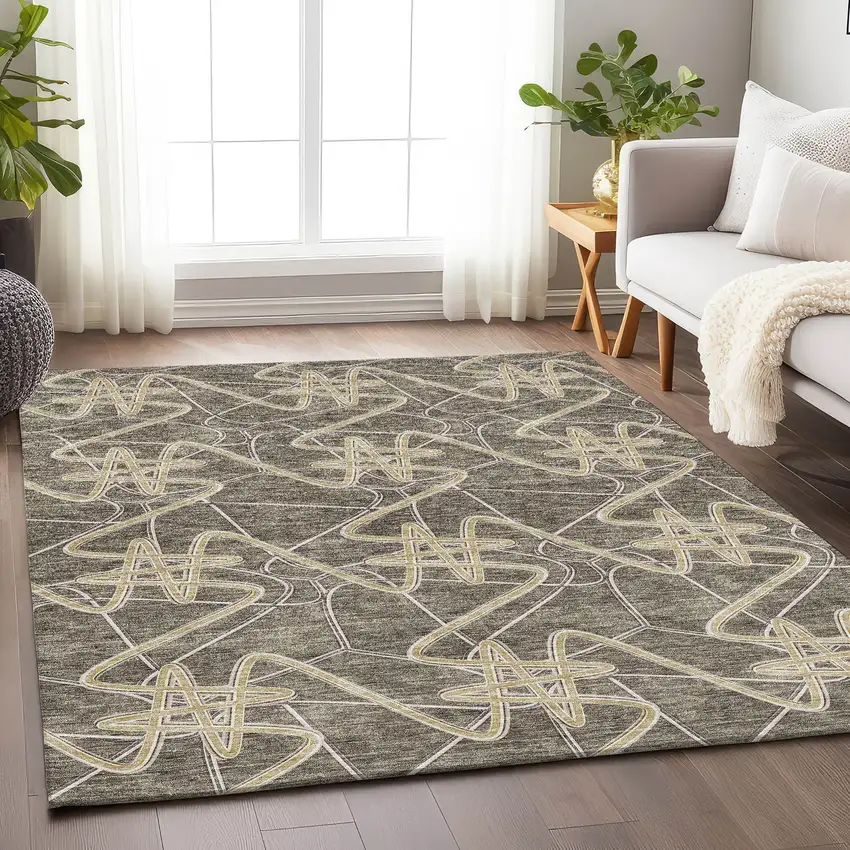Taupe Gray And Gold Geometric Washable Area Rug With UV Protection Photo 4