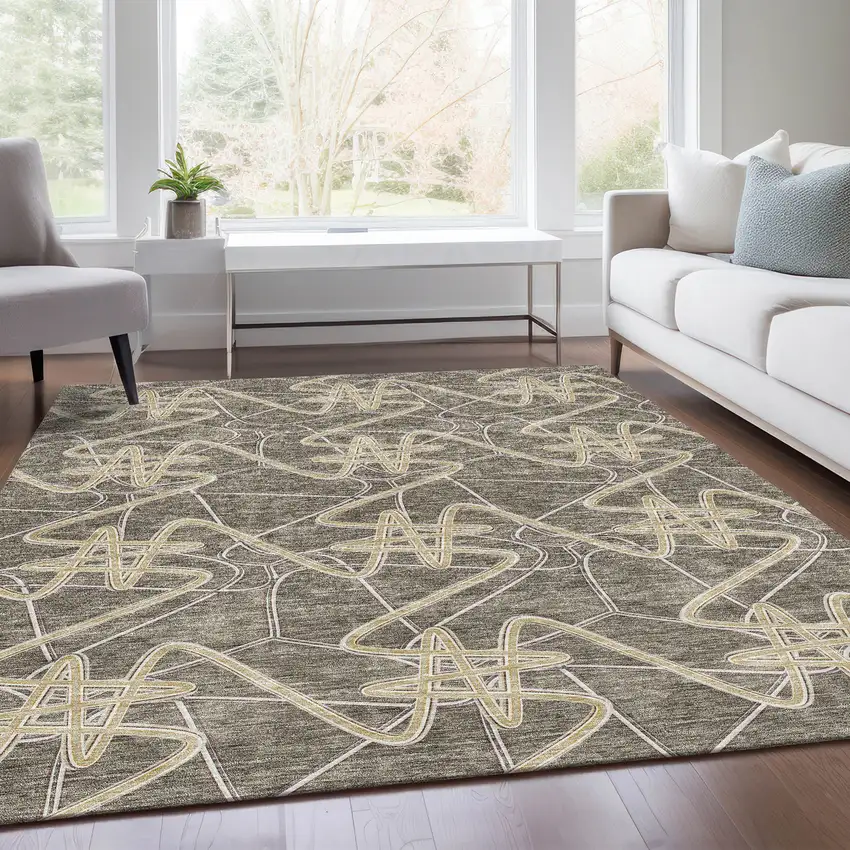 Taupe Gray And Gold Geometric Washable Area Rug With UV Protection Photo 5