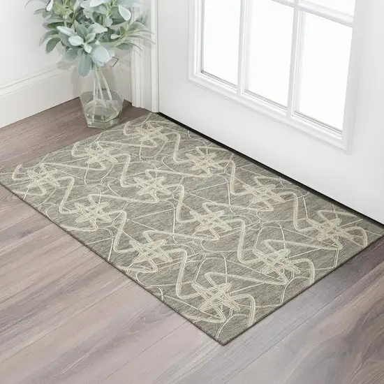 Taupe Gray And Gold Geometric Washable Area Rug With UV Protection Photo 2