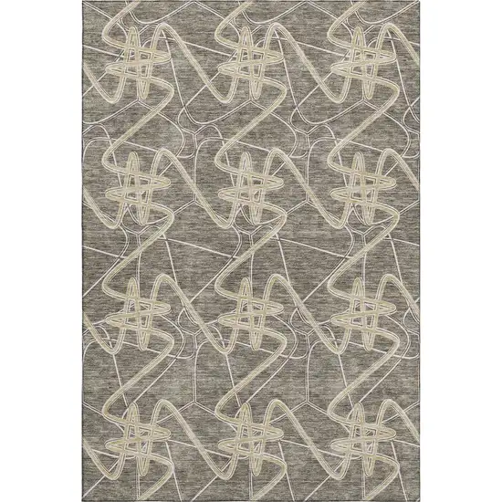 Taupe Gray And Gold Geometric Washable Area Rug With UV Protection Photo 1