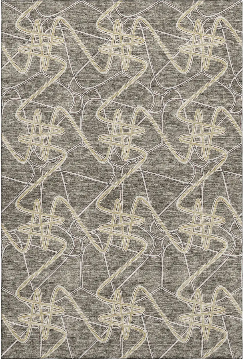 Taupe Gray And Gold Geometric Washable Area Rug With UV Protection Photo 1