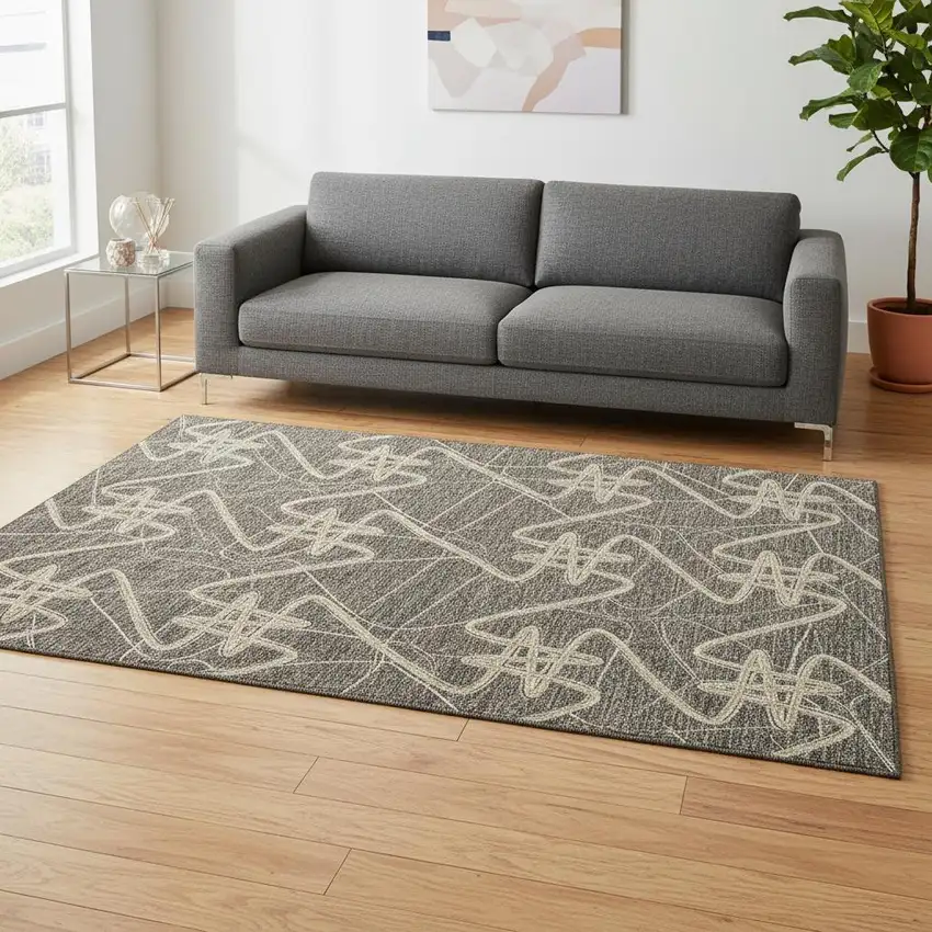 Taupe Gray And Gold Geometric Washable Area Rug With UV Protection Photo 2
