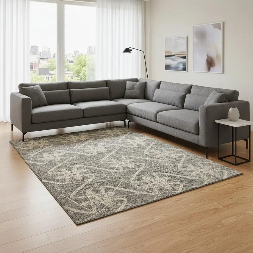 Taupe Gray And Gold Geometric Washable Area Rug With UV Protection Photo 2