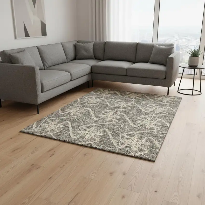 Taupe Gray And Gold Geometric Washable Area Rug With UV Protection Photo 2