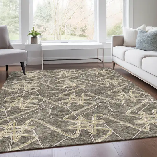 Taupe Gray And Gold Geometric Washable Area Rug With UV Protection Photo 5