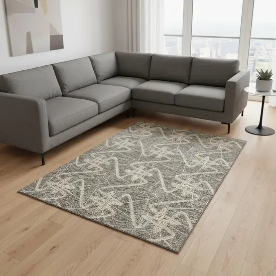 Taupe Gray And Gold Geometric Washable Area Rug With UV Protection Photo 2