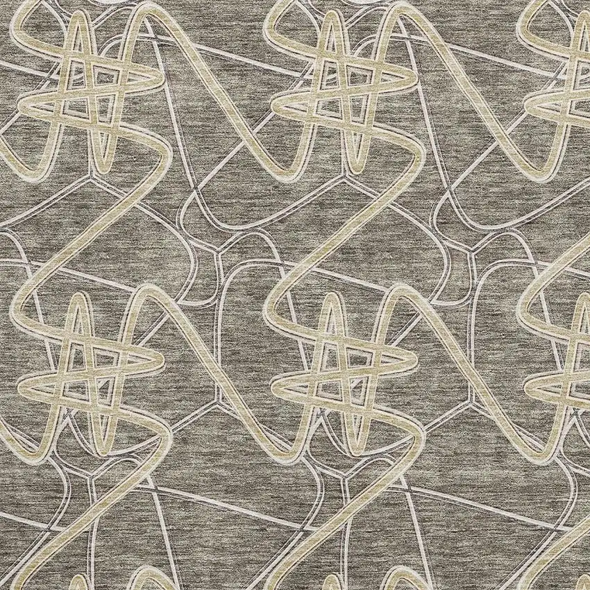 Taupe Gray And Gold Geometric Washable Area Rug With UV Protection Photo 2