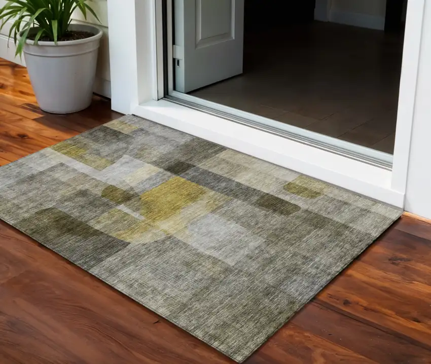 Taupe Gray And Green Abstract Washable Indoor Outdoor Area Rug Photo 1