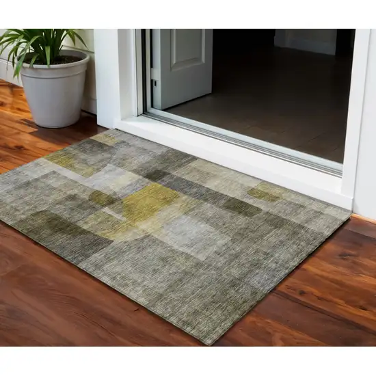Taupe Gray And Green Abstract Washable Indoor Outdoor Area Rug Photo 1