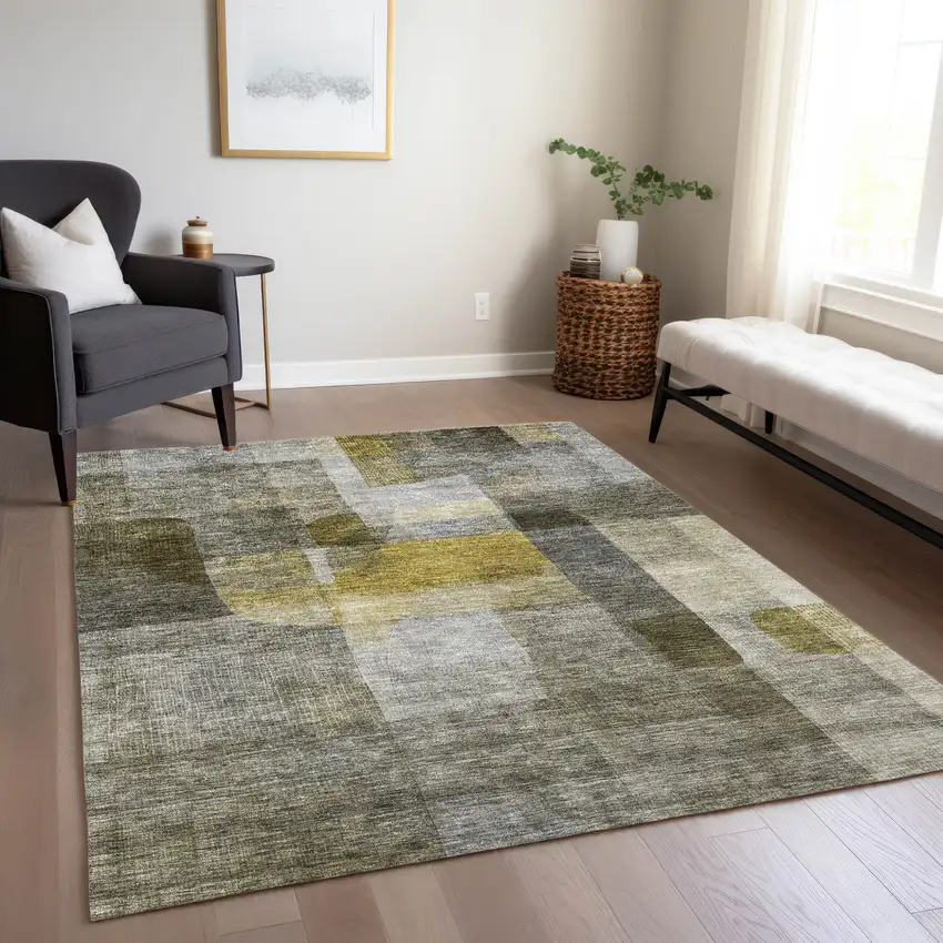 Taupe Gray And Green Abstract Washable Indoor Outdoor Area Rug Photo 9