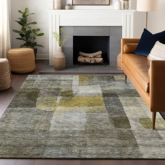 Taupe Gray And Green Abstract Washable Indoor Outdoor Area Rug Photo 8