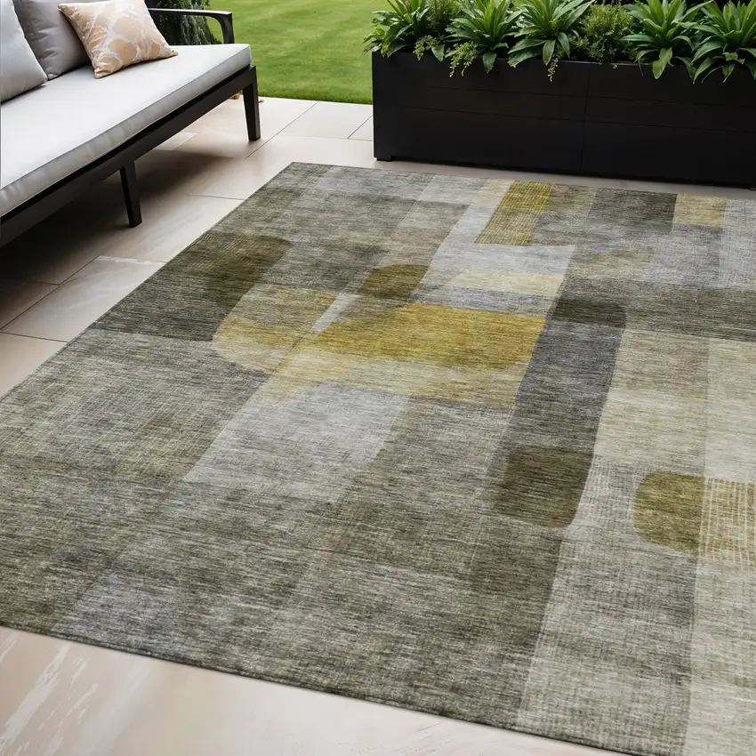 Taupe Gray And Green Abstract Washable Indoor Outdoor Area Rug Photo 1