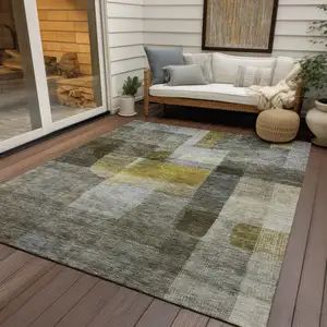 Photo of Taupe Gray And Green Abstract Washable Indoor Outdoor Area Rug