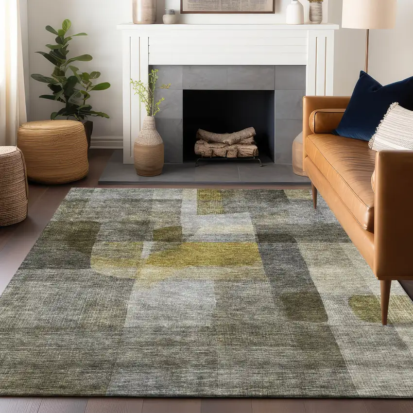 Taupe Gray And Green Abstract Washable Indoor Outdoor Area Rug Photo 8