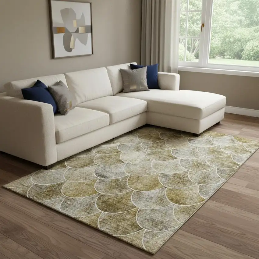 Taupe Gray And Ivory Abstract Geometric Washable Area Rug With UV Protection Photo 1