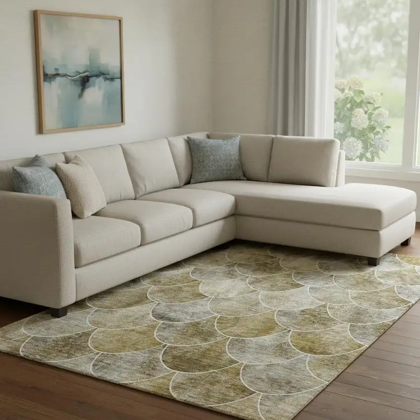 Taupe Gray And Ivory Abstract Geometric Washable Area Rug With UV Protection Photo 1