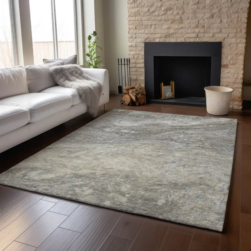 Taupe Gray And Ivory Abstract Washable Area Rug With UV Protection Photo 5