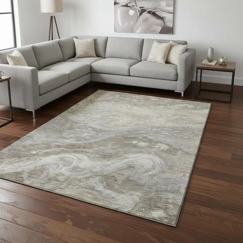 Taupe Gray And Ivory Abstract Washable Area Rug With UV Protection Photo 2