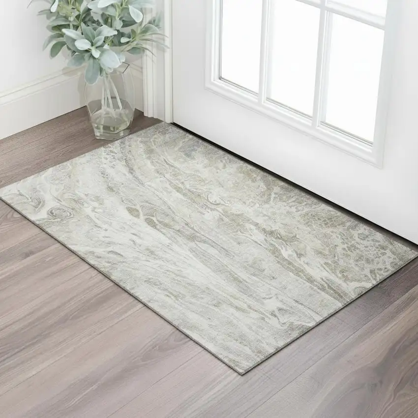 Taupe Gray And Ivory Abstract Washable Area Rug With UV Protection Photo 1