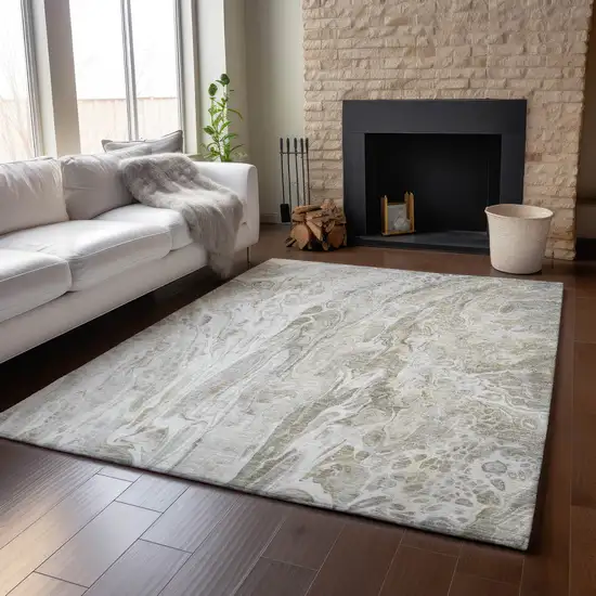 Taupe Gray And Ivory Abstract Washable Area Rug With UV Protection Photo 4