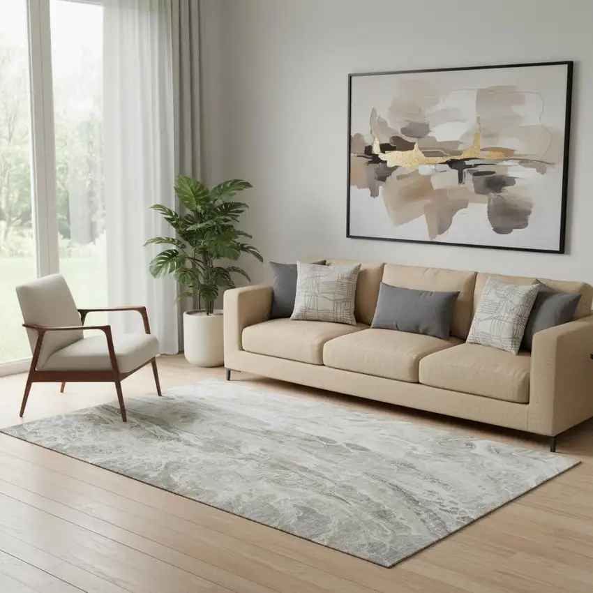 Taupe Gray And Ivory Abstract Washable Area Rug With UV Protection Photo 1