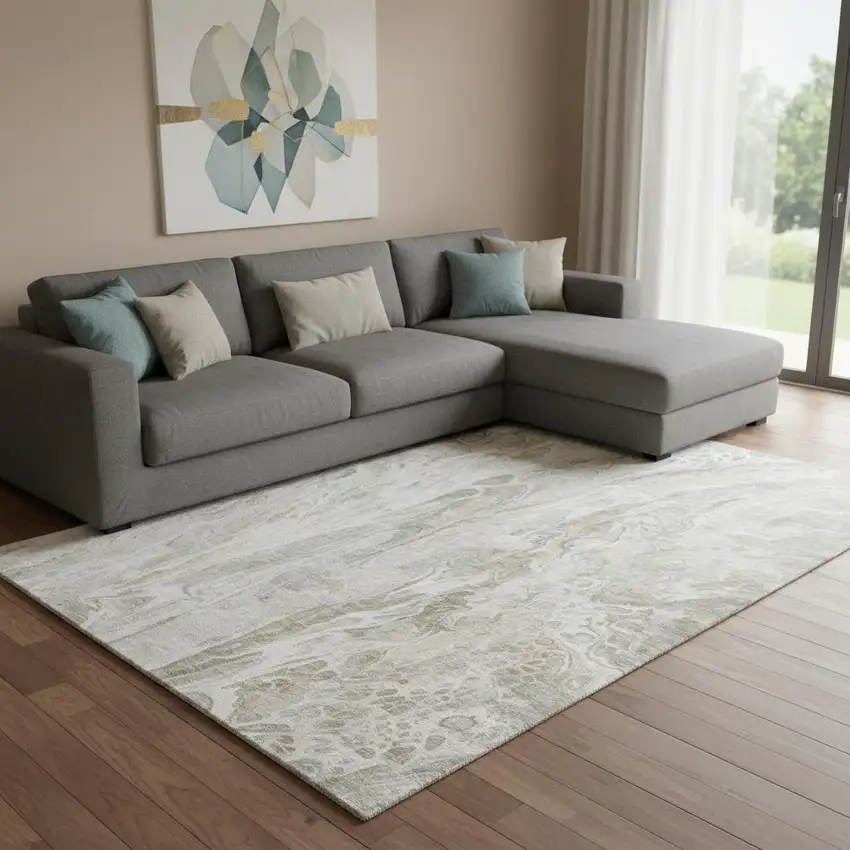 Taupe Gray And Ivory Abstract Washable Area Rug With UV Protection Photo 1