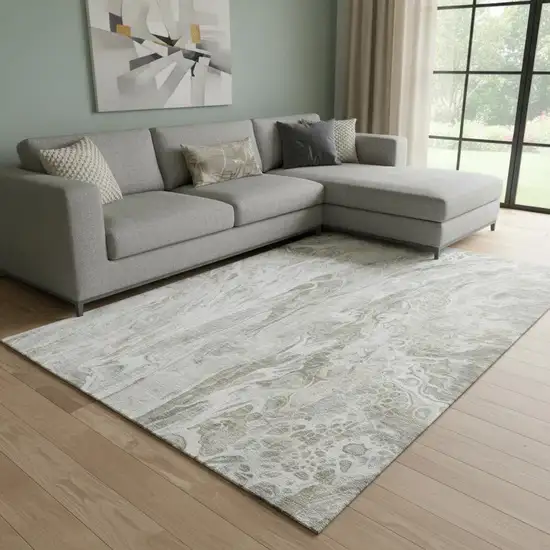 Taupe Gray And Ivory Abstract Washable Area Rug With UV Protection Photo 1