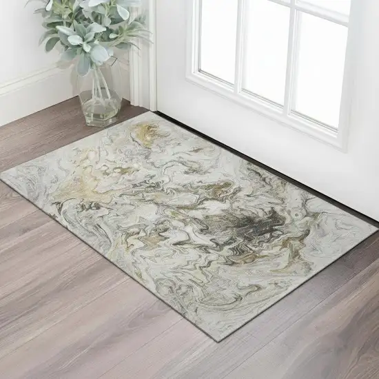 Taupe Gray And Ivory Abstract Washable Area Rug With UV Protection Photo 1
