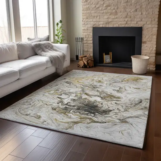 Taupe Gray And Ivory Abstract Washable Area Rug With UV Protection Photo 5