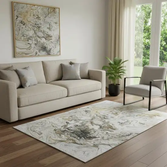 Taupe Gray And Ivory Abstract Washable Area Rug With UV Protection Photo 1