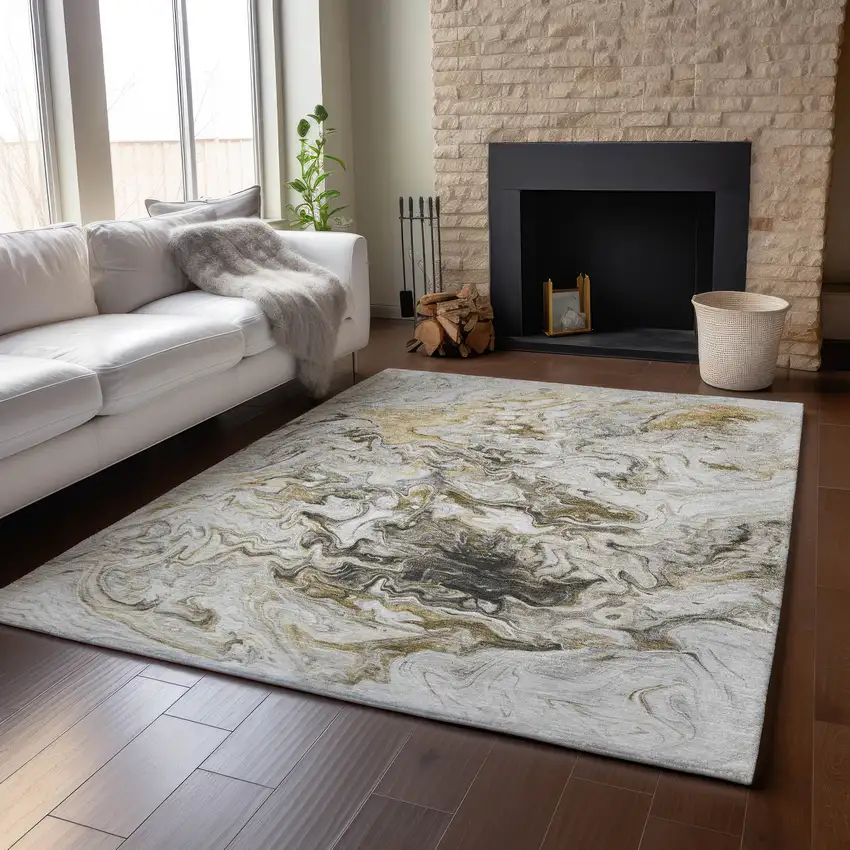 Taupe Gray And Ivory Abstract Washable Area Rug With UV Protection Photo 5
