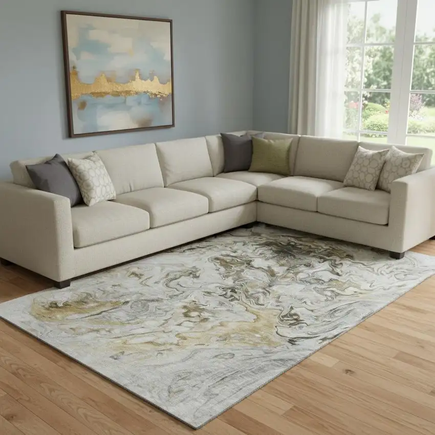 Taupe Gray And Ivory Abstract Washable Area Rug With UV Protection Photo 1