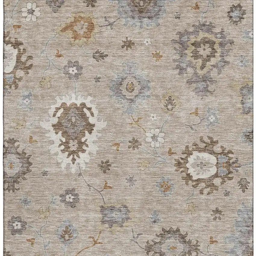 Taupe Gray And Ivory Floral Medallion Washable Area Rug With UV Protection Photo 3