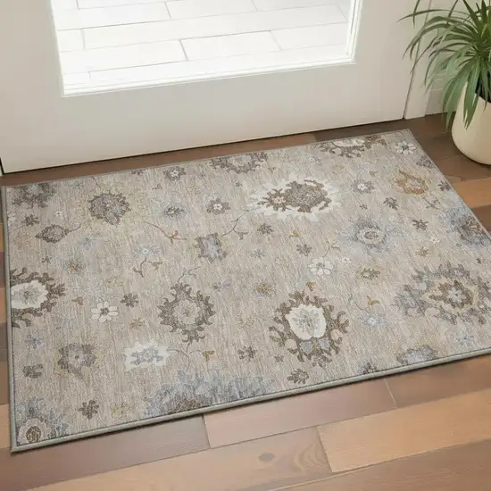 Taupe Gray And Ivory Floral Medallion Washable Area Rug With UV Protection Photo 2